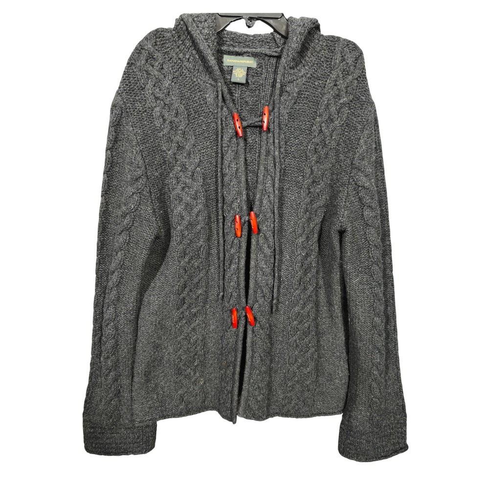 Vintage Banana Republic Lambswool Cable Knit Hooded Cardigan Gray Red Toggle L